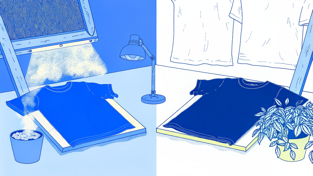 Screen printing squeegee and DTG printhead side by side showing heat applied to cotton t-shirts