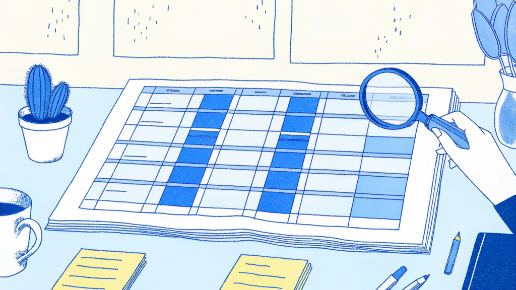 Hand magnifying pricing column on a printed platform comparison chart at a desk