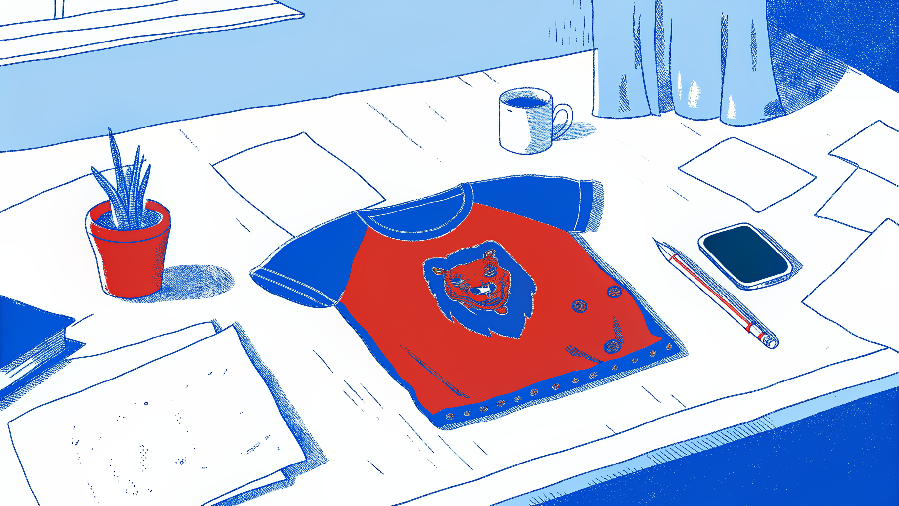 Custom red sports jersey and team branding materials arranged on a clean editorial desk