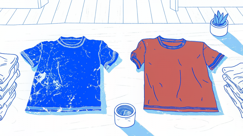 faded cracked red team shirt beside a vibrant crisp DTG-printed red team shirt